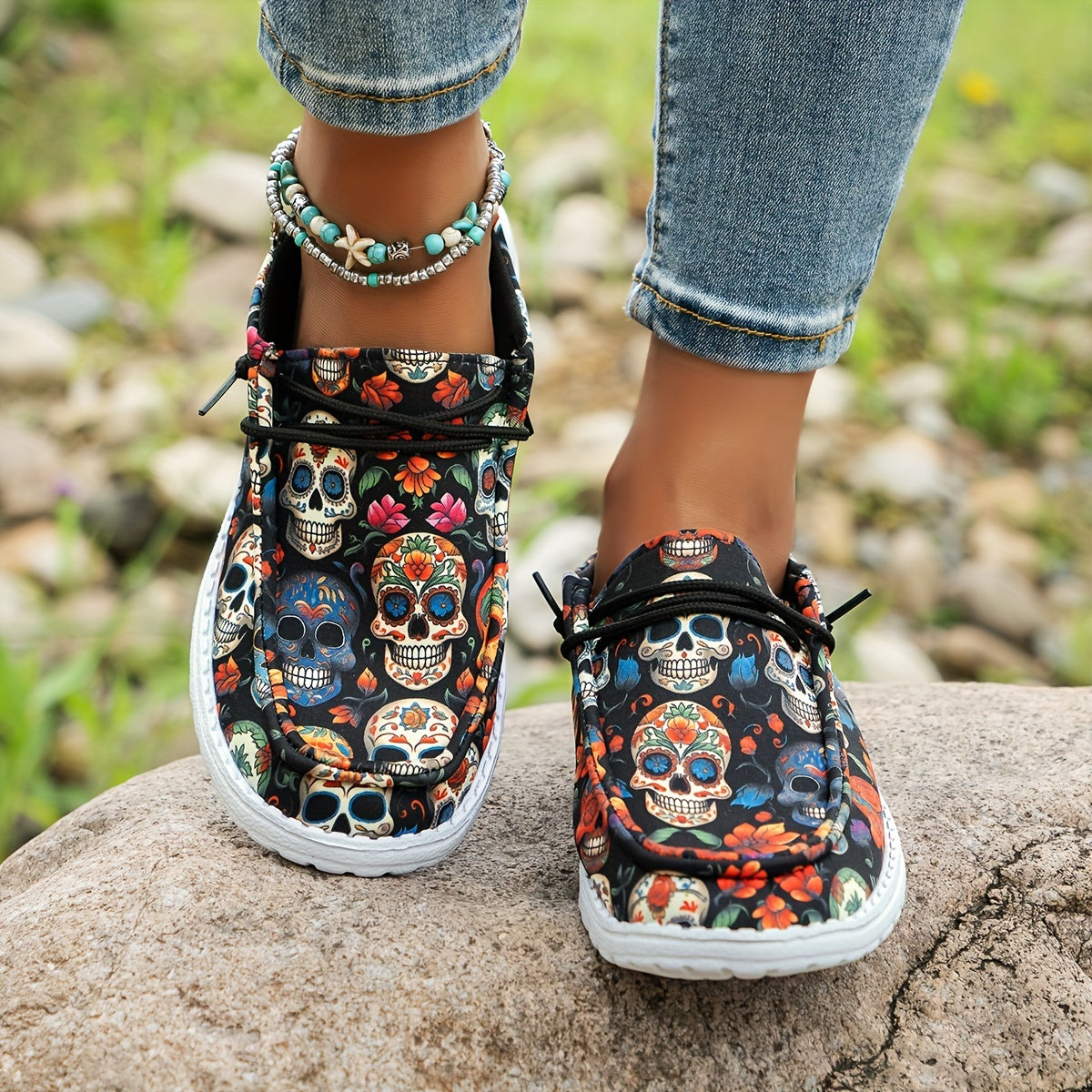 Women's Breathable Skull Print Loafers Slip-On Casual Walking Shoes