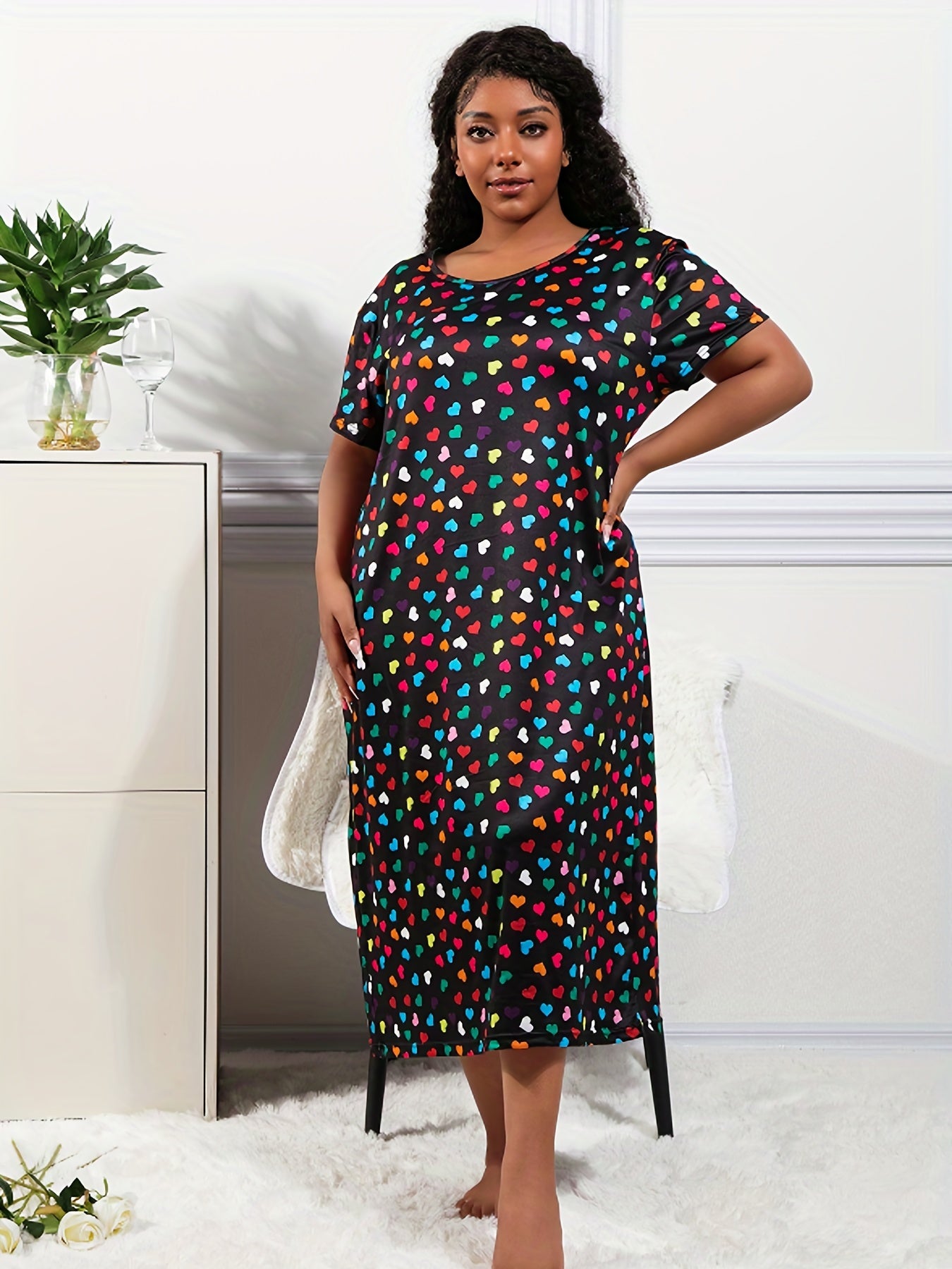 Plus Size Women's Loungewear Dress Colorful Heart Print Nightdress