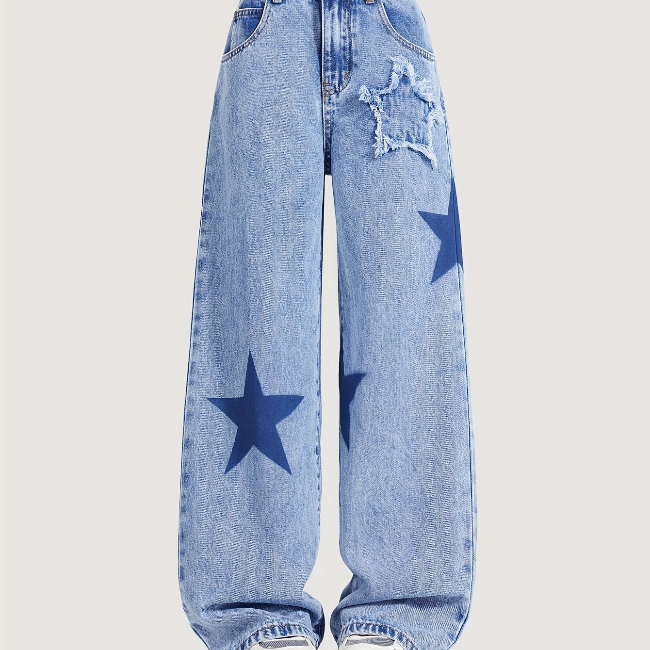 Kids' Wide-Leg Denim Jeans with Star Pattern Elastic Waist Non-Stretch Cotton