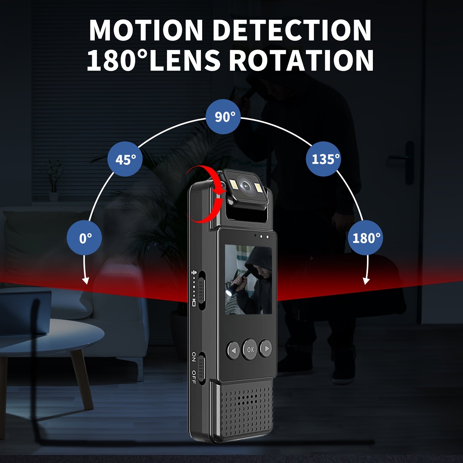 1080p kiyiladigan harakat kamerasi, 180° buriladigan linza bilan, kechqurun ko‘rish, USB bilan quvvatlanadigan, portativ, sport va ochiq havoda faoliyatlar uchun