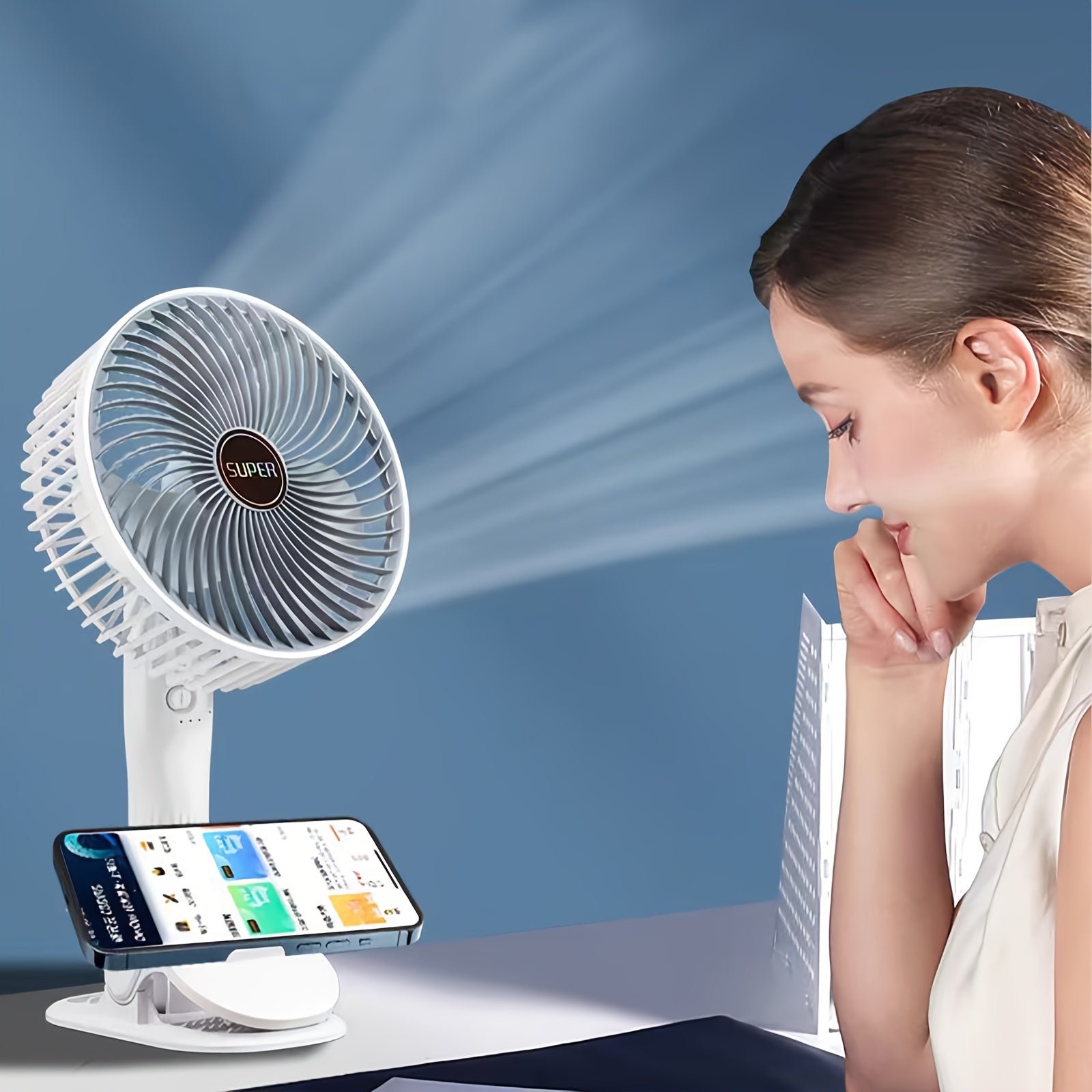 Portable clip-on fan 800mAh battery USB rechargeable 3 speeds quiet ventilation