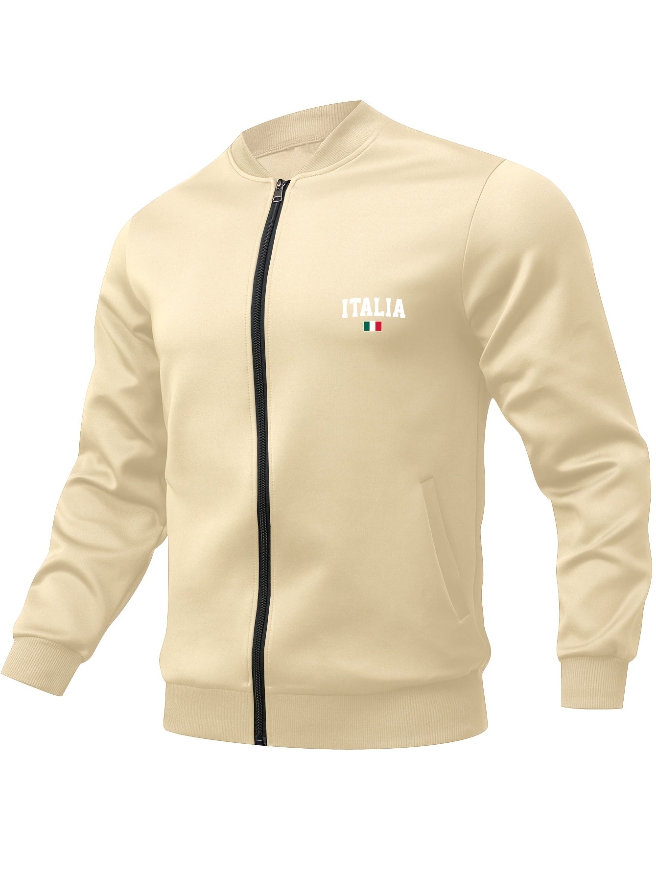 Men's Red Italian Flag Print Bomber Jacket with Zipper Pockets Stand Collar for Fall Winter