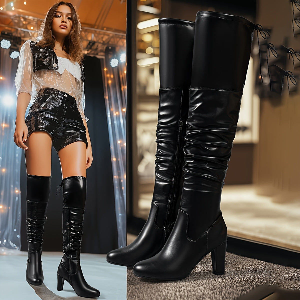 Ayollar uchun o'rtacha yuqori qadamli botlar, bir rangli, bodom barmoqli, blok poyabzal