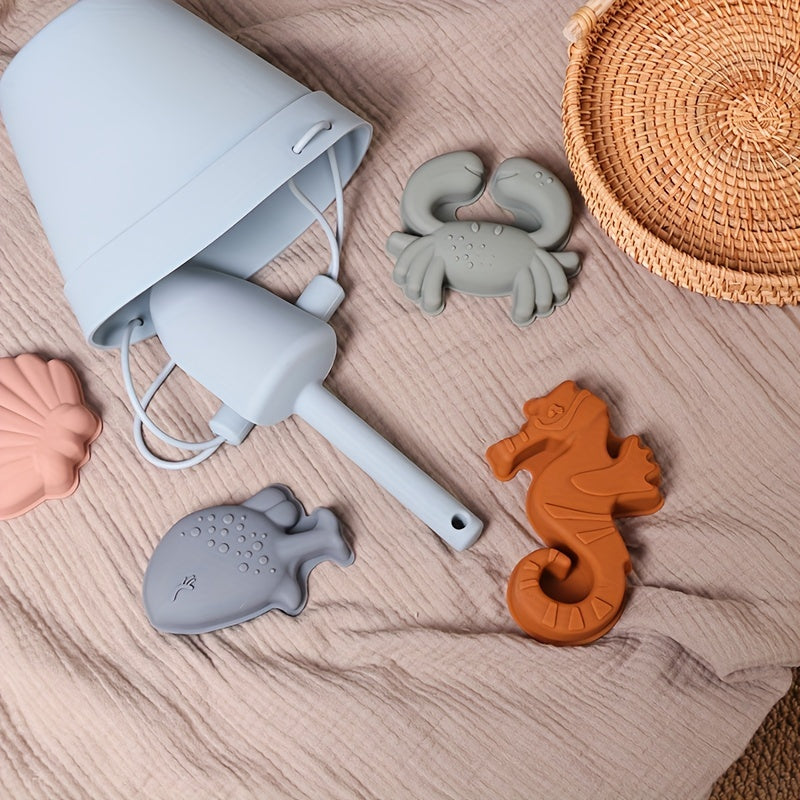 Bath Toy Set for Kids Silicone Beach Playset with Water Bucket Shovel and Sand Mold