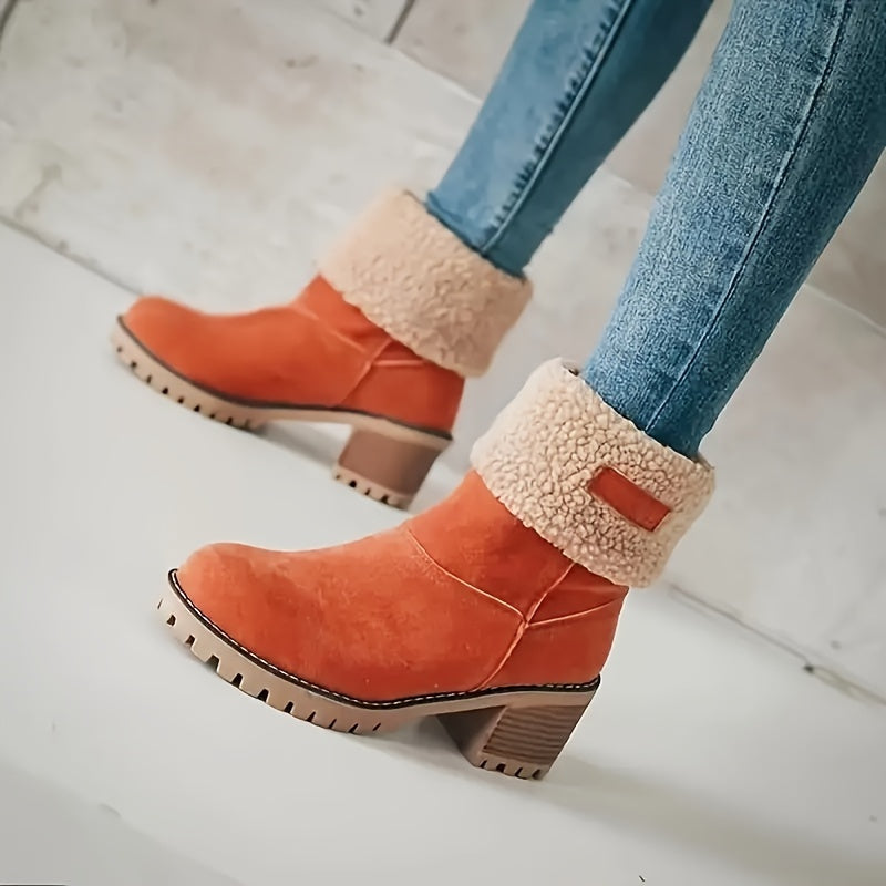 Women's Plush-Lined Chunky Heel Ankle Boots Solid Color Slip-On Winter Booties