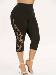 Women's Plus Size High-Waisted Capri Pants with Lace Detail Black White