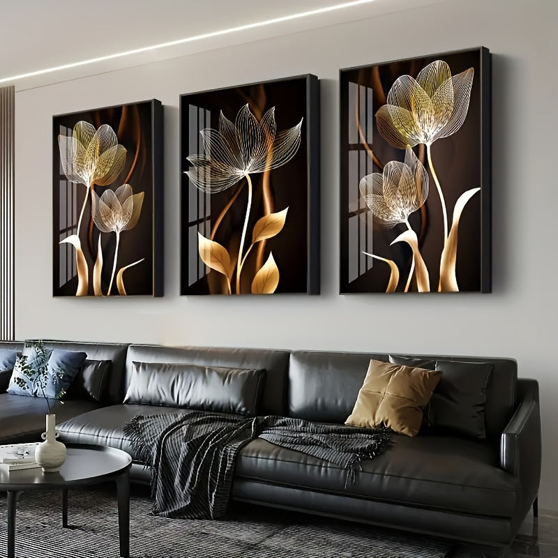 Set of 3 Gold Flower Canvas Wall Art Posters Frameless for Living Room Bedroom Kitchen