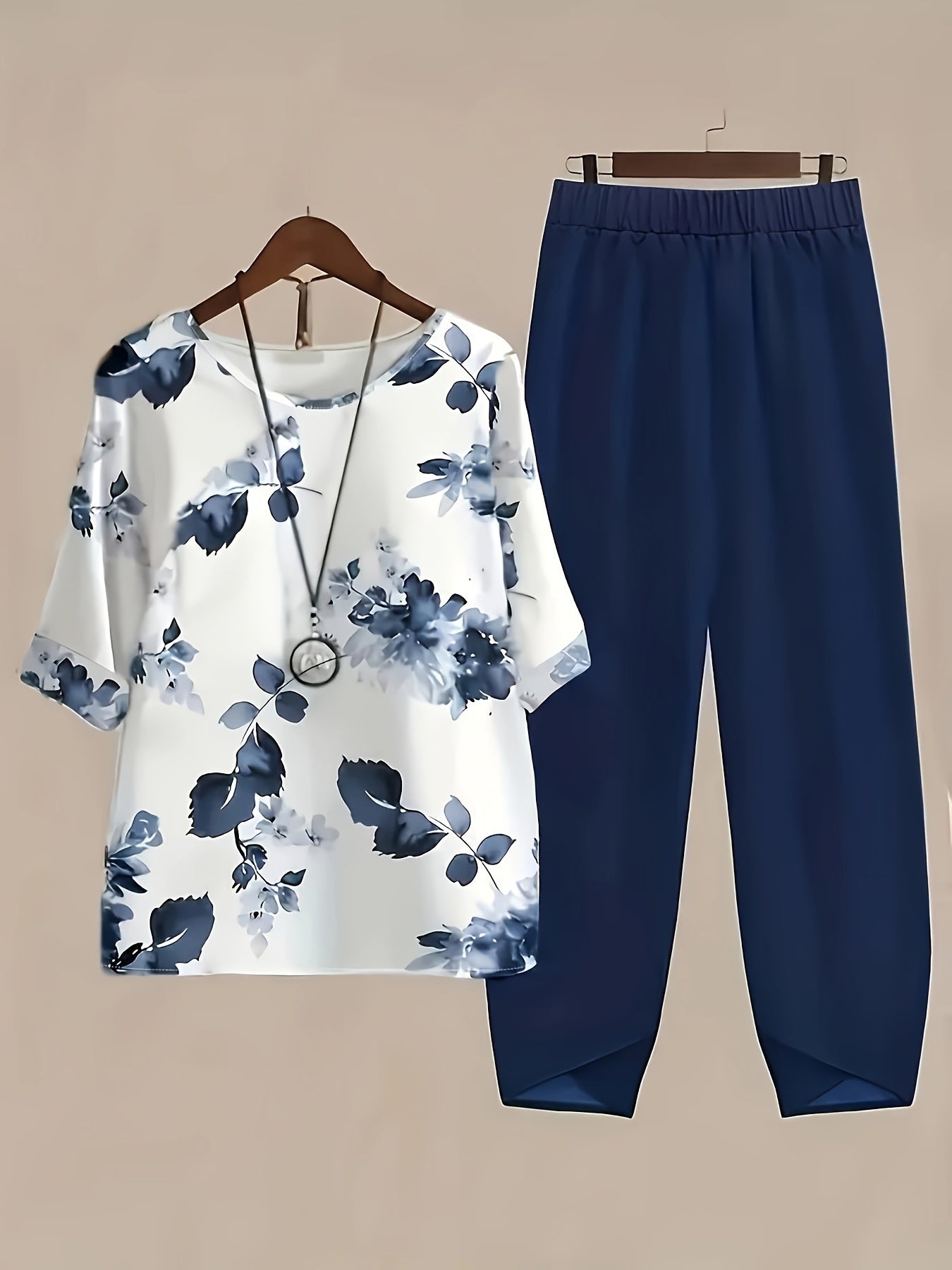 Women's Floral Polyester Pantsuit Loose Fit Crew Neck All-Season Lightweight