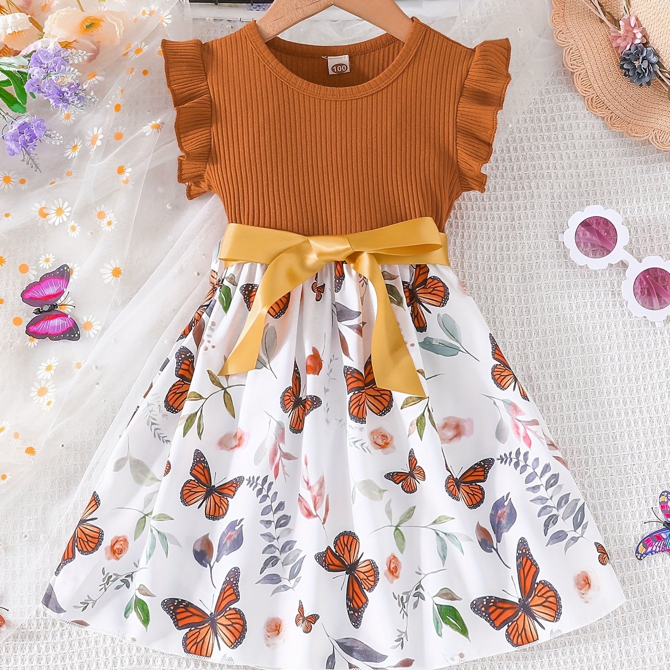 Girls Light Blue Ribbed Cotton Dress with Butterfly Floral Print Flutter Sleeves Belt Summer Casual