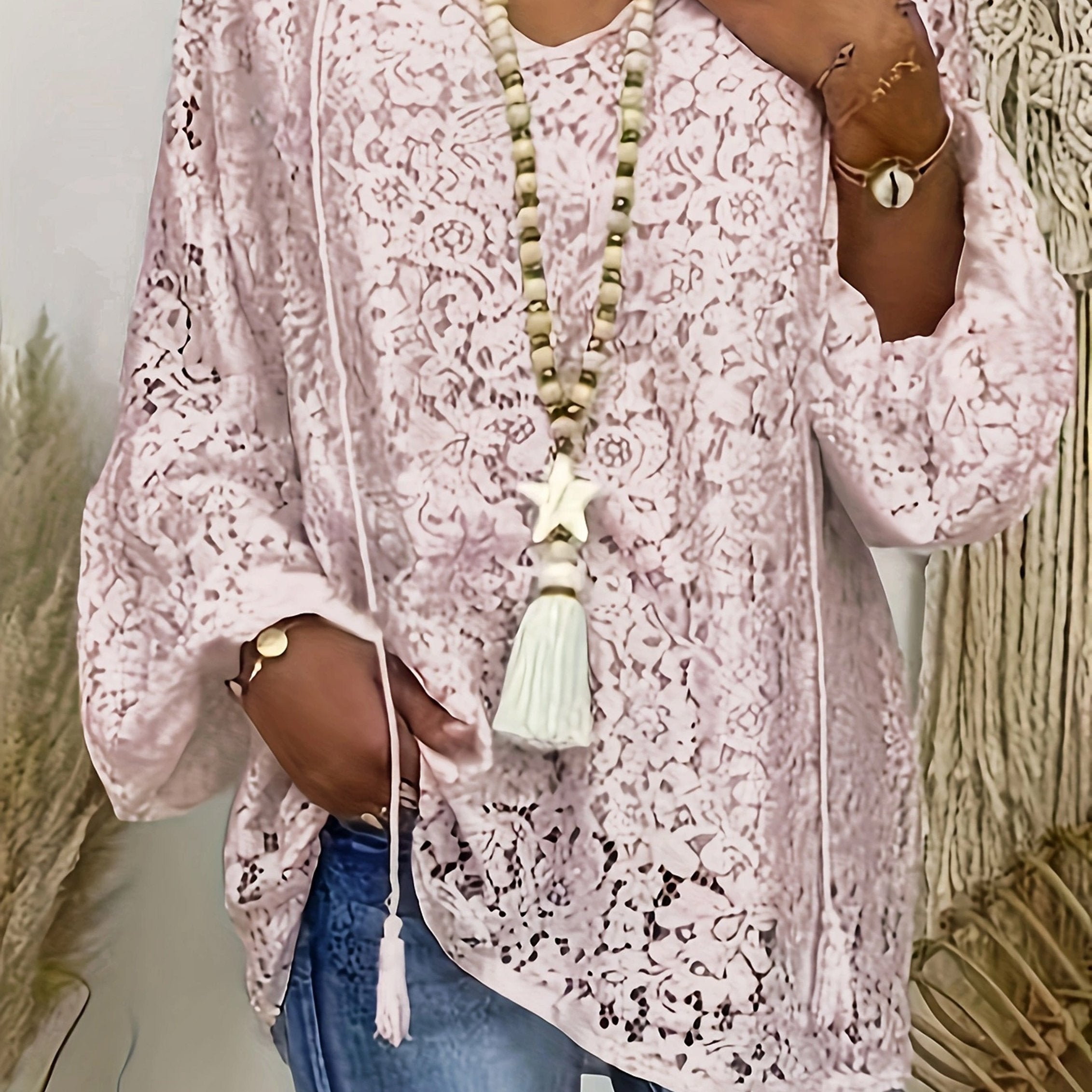 Plus Size Boho Lace Lantern Sleeve Blouse with Tassel Trim
