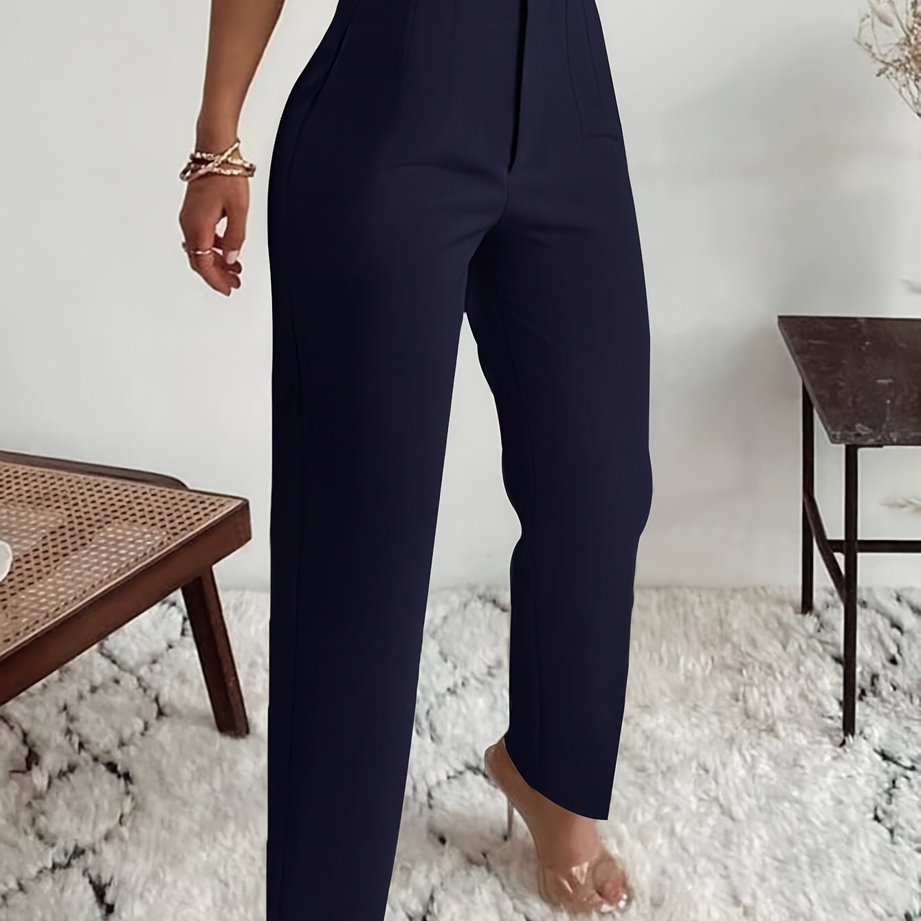 Pantalones de pierna recta de cintura alta para mujer azul oscuro de poliéster para todas las estaciones