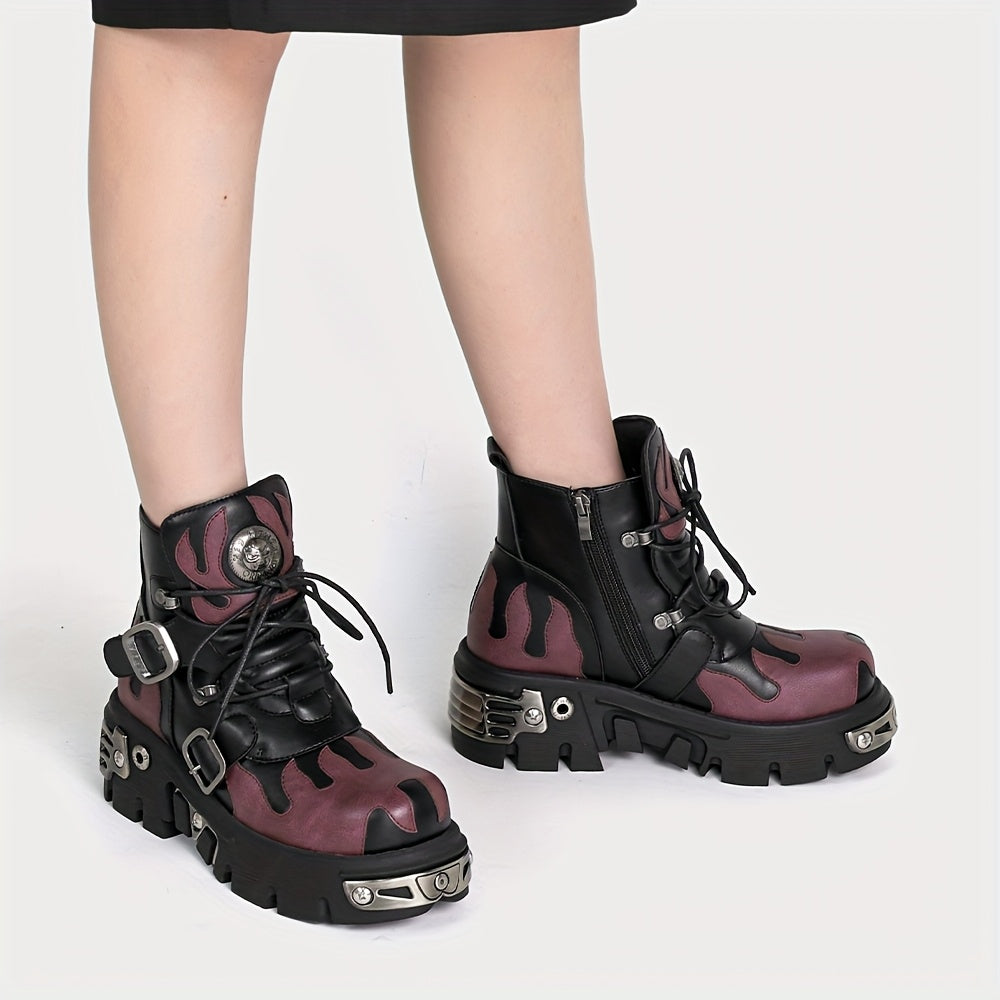 Ayollar uchun qalin platformali punk botlar yuqori top bilan, laces va zippers bilan, to'q rang va qora