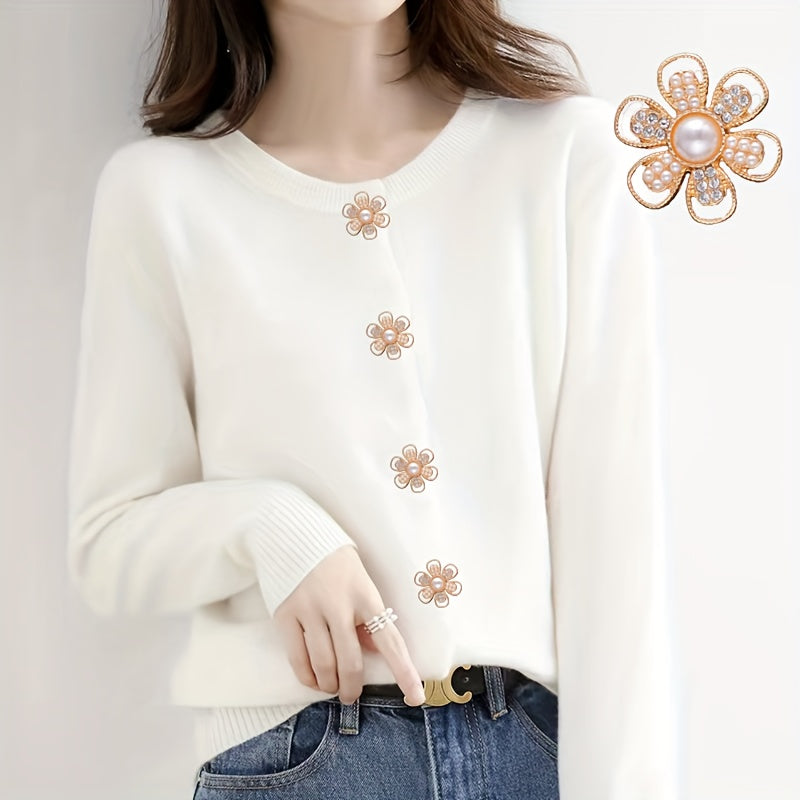 Set of 5 Flower-Shaped Alloy Buttons with Pearl and Rhinestone for Clothing and DIY Projects
