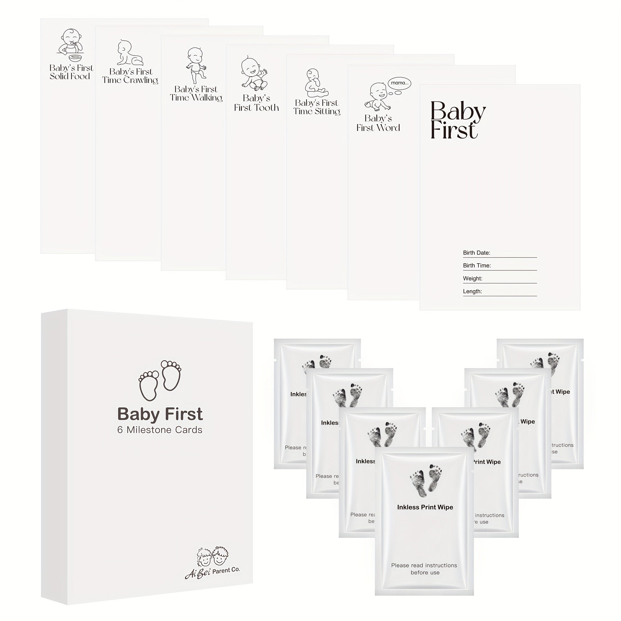 Baby Keepsake Kit 7-Piece Milestone Memory Set with Inkless Hand Footprint Cards and Casting Paper