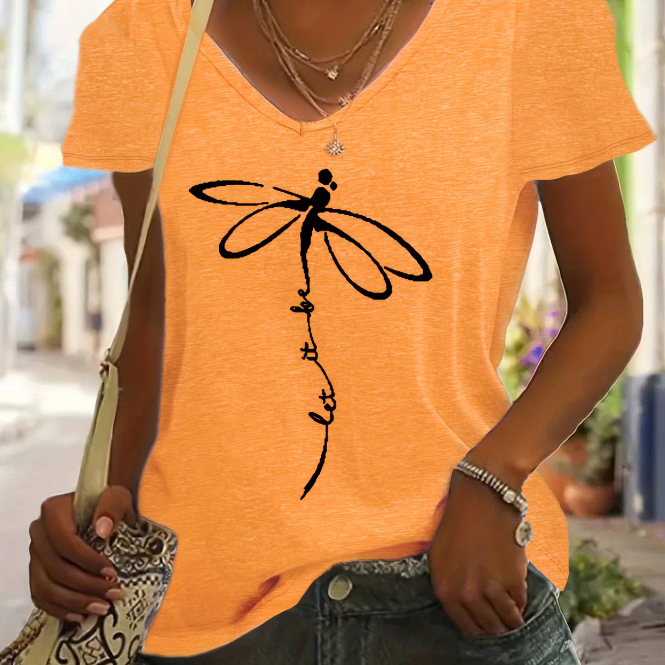 Plus Size Women's V-Neck T-Shirt Geometric Dragonfly Print Mint Green Black