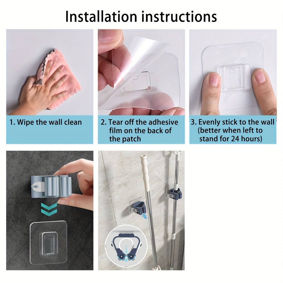 Estante de almacenamiento de pared de 4 piezas para mop, cepillo, escoba, ropa y utensilios de cocina