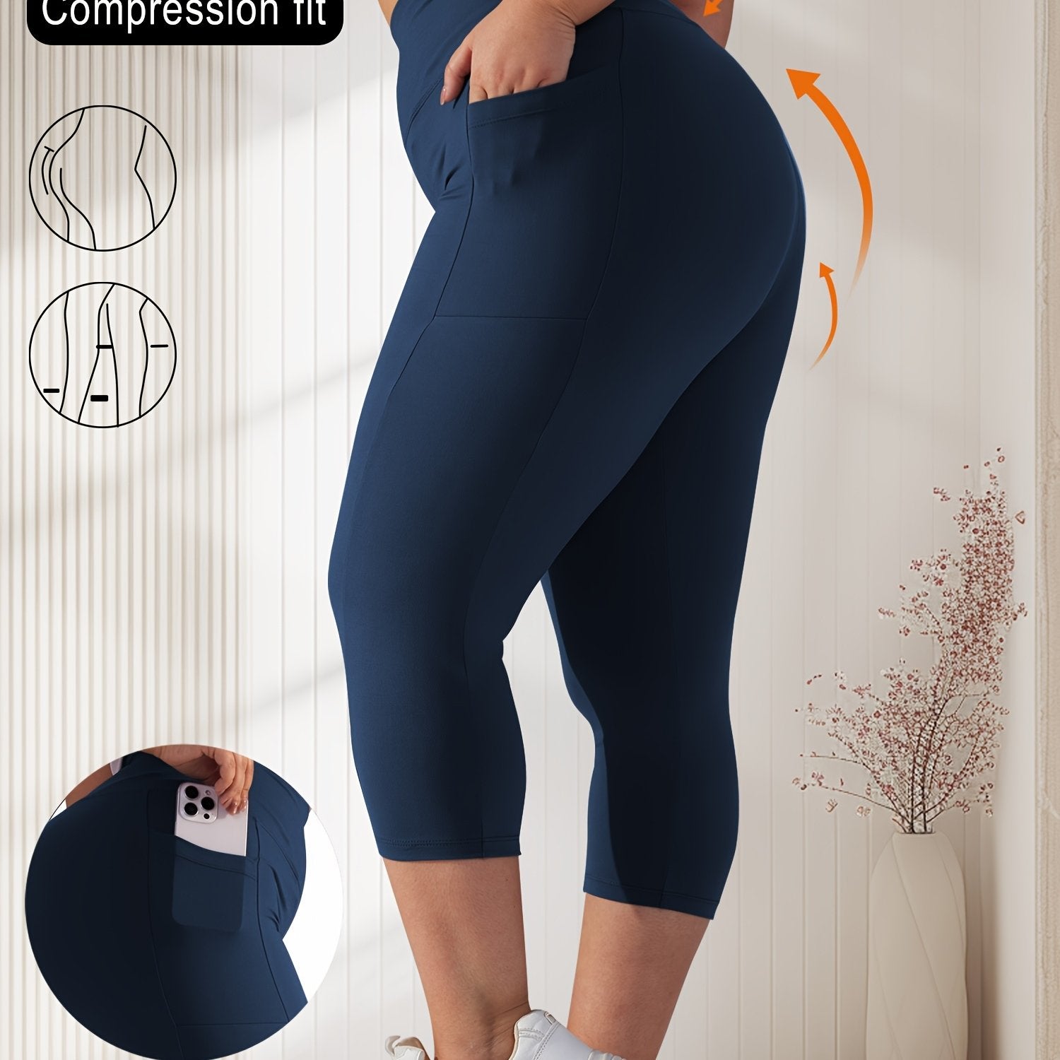 Женские капри-лосины большого размера с высокой талией и карманами, из полиэстеровой смеси, тёмно-синий