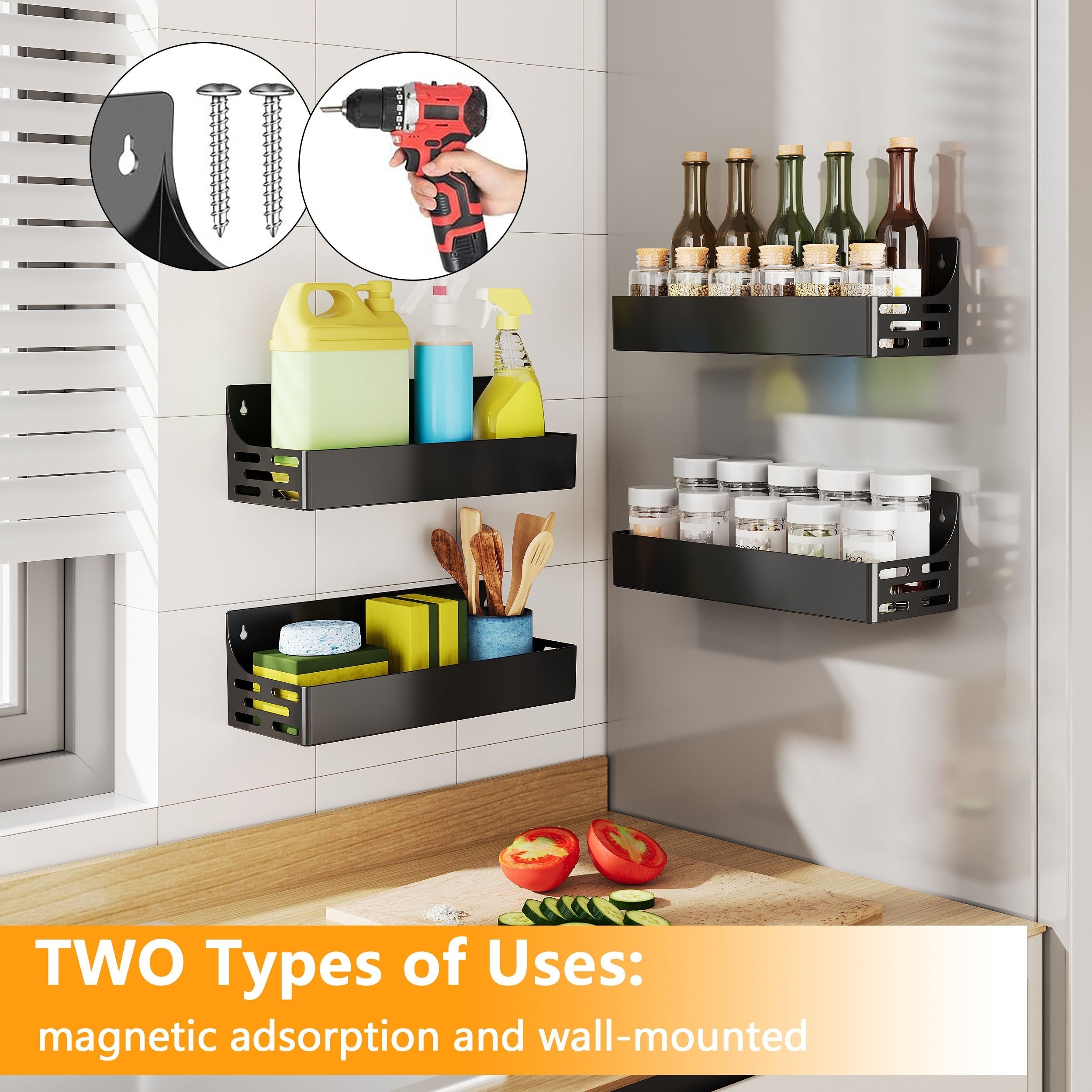 Magnetic Refrigerator Shelf Set of 1 2 or 4 Non-Perforated Metal Wall Mount Storage