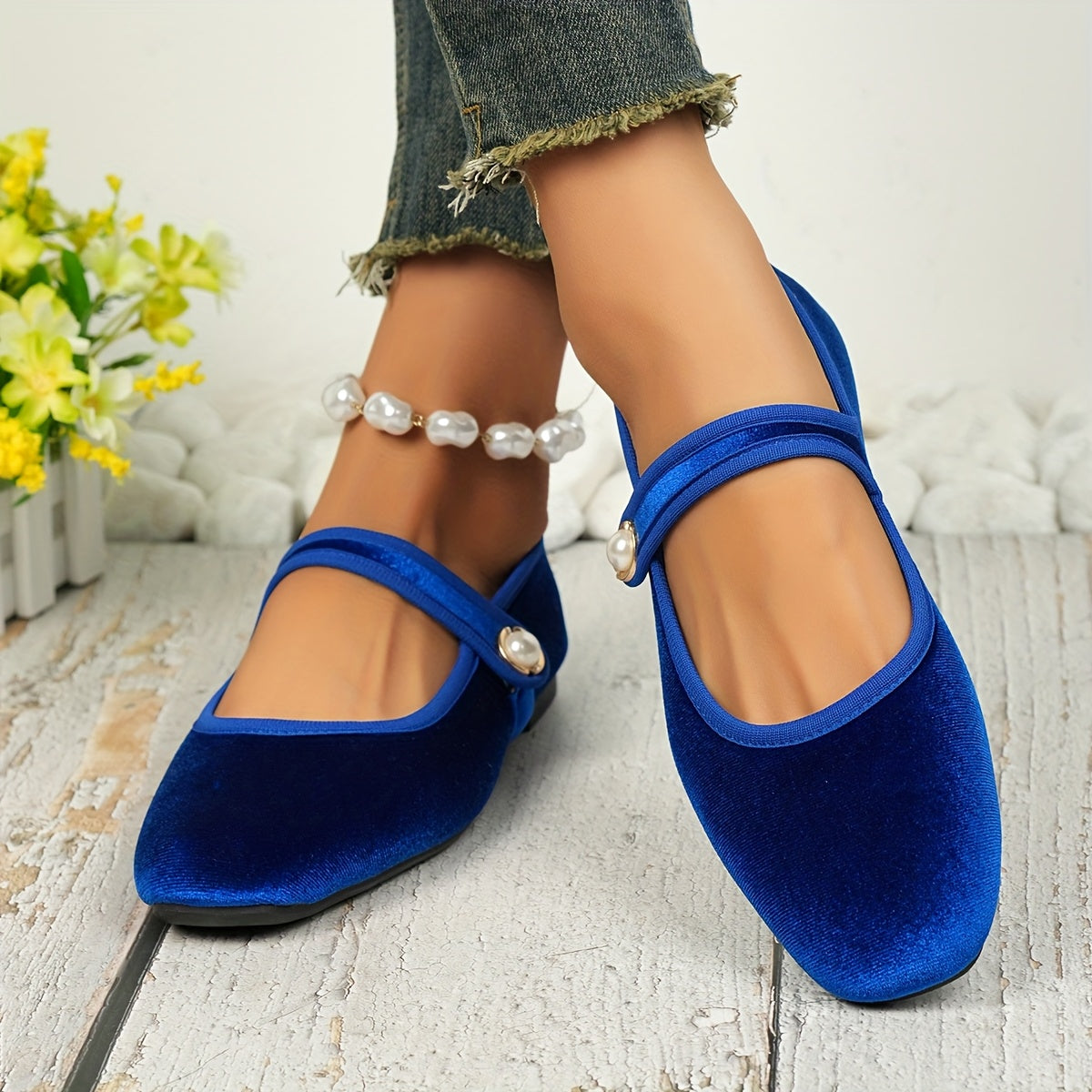 Women’s Velvet Ballet Flats with Tassel Detail Slip-On Square Toe Shoes