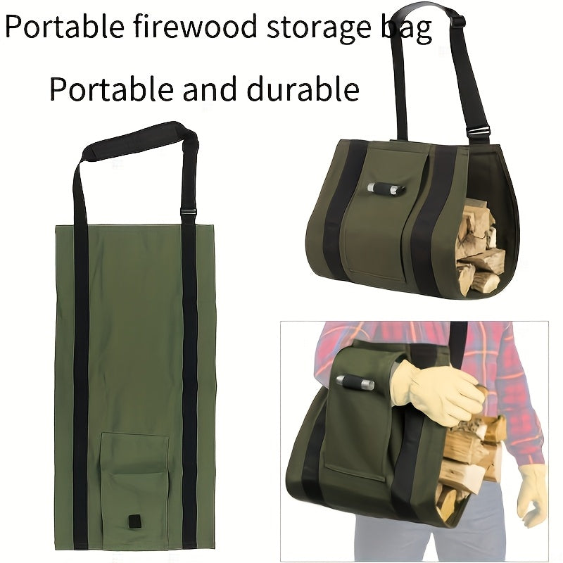 Heavy-Duty Canvas Firewood Storage Bag with Adjustable Shoulder Strap and LED Flashlight
