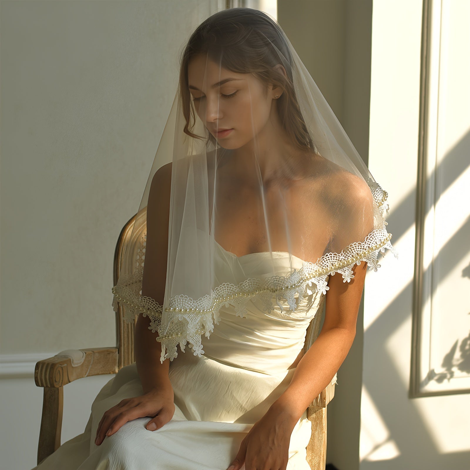 Bridal Lace Veil Wedding Dress Hair Accessories Single Layer Beaded Detail