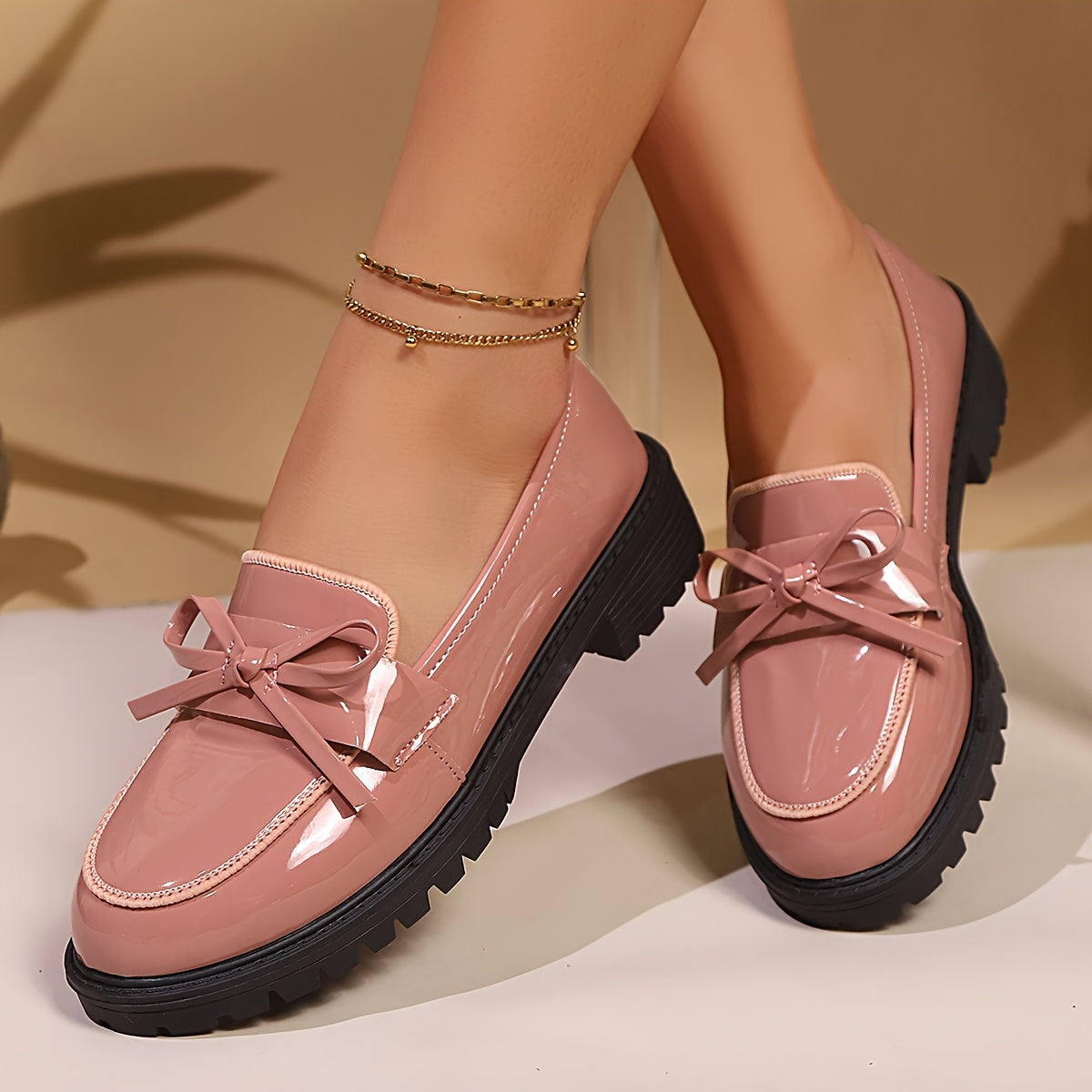 Women's Red Bow Oxford Loafers Glossy PU Slip-Resistant Comfort Sole