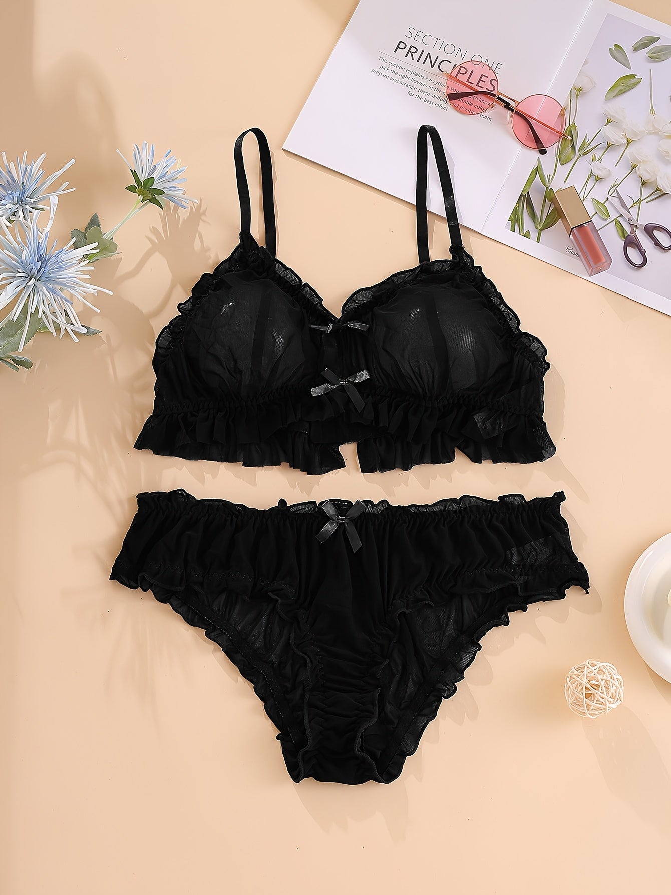 Women's Floral Lace Lingerie Set with Frill Trim and Bow Embellished Triangle Bra and Panty