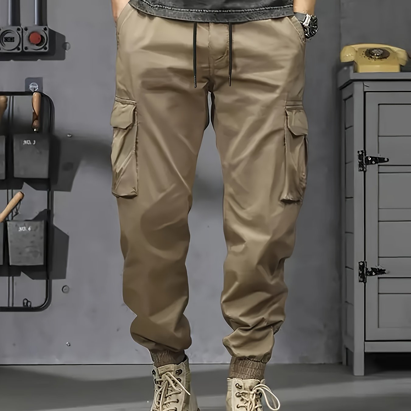 Men's Polyester Cargo Pants with Multiple Pockets, Casual and Workwear, Plus Sizes