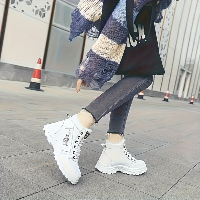 Women's Fleece-Lined Mid-Heel Winter Boots Black White Outdoor Shoes