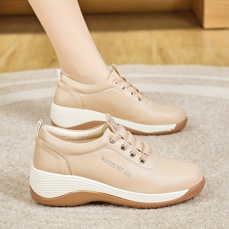 Women's White Brown Casual Sneakers Low-Top Lace-Up Breathable All-Season