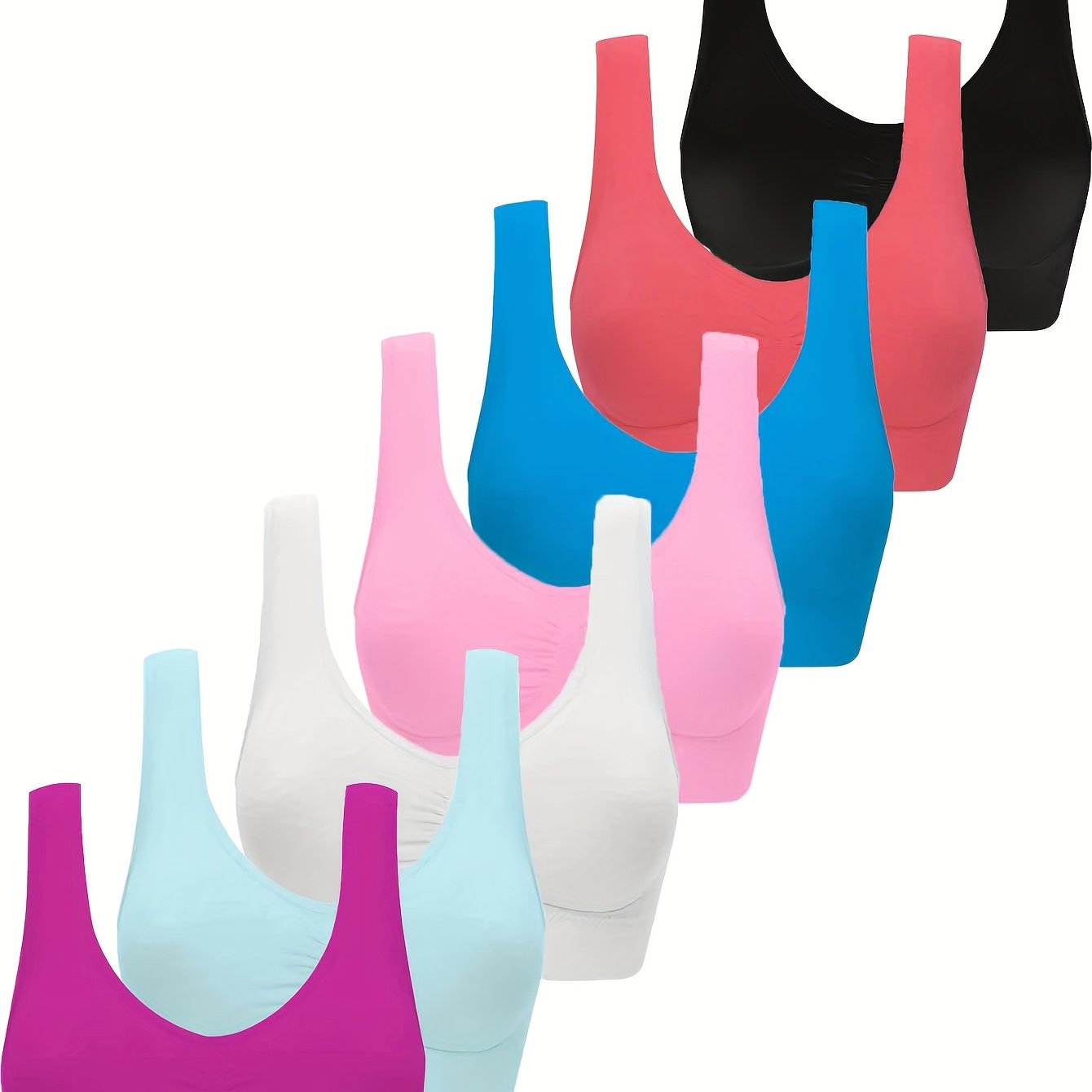 7 женских спортивных бюстгальтеров из бесшовной нейлоновой трикотажной ткани в однотонных цветах. Дышащий комплект топа-бюстгальтера для тренировок, состоящий из 92% нейлона и 8% эластана. Комплект взрослого спортивного нижнего белья с бюстгальтером и