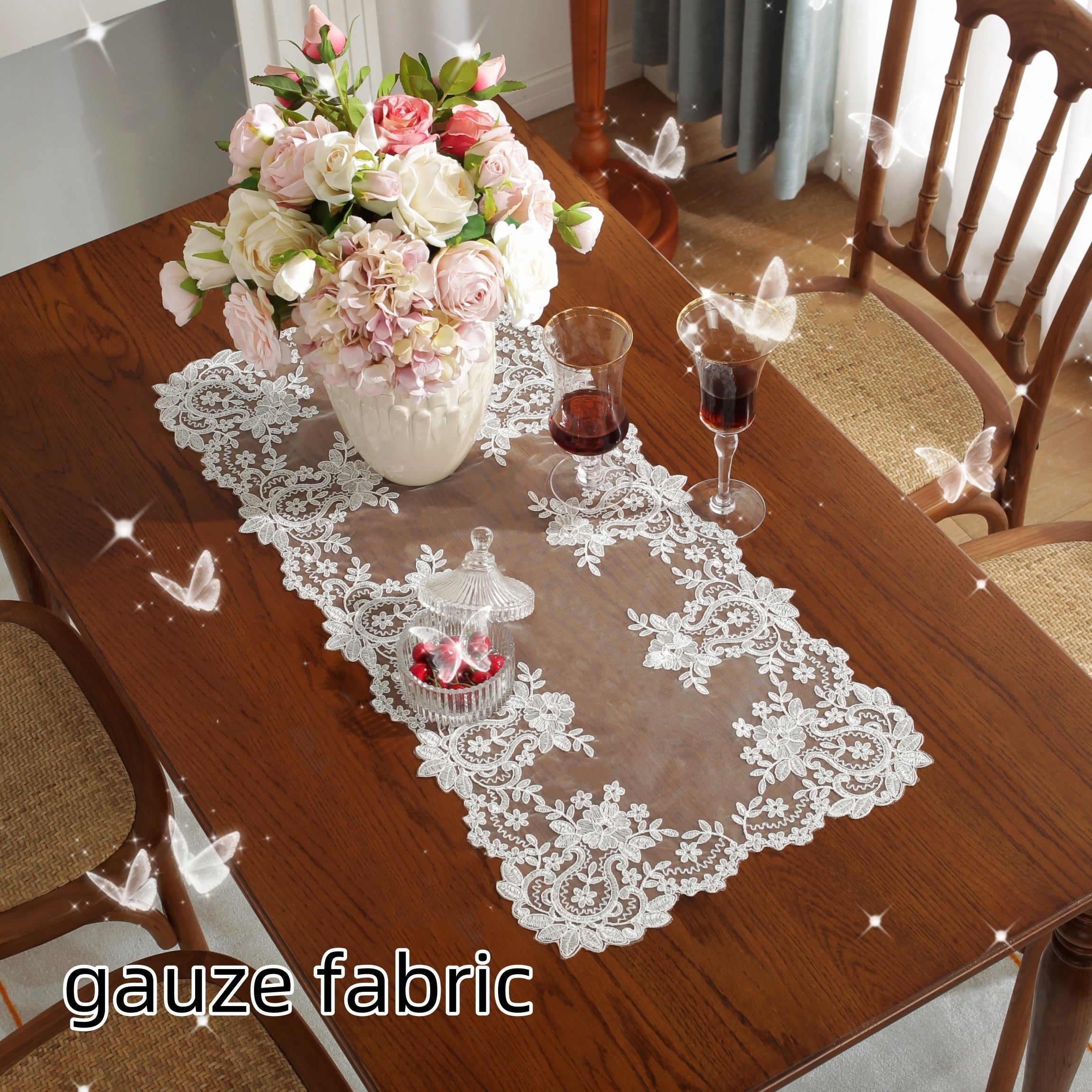 White Lace Table Runner with Floral Embroidery, Elegant, Multiple Sizes