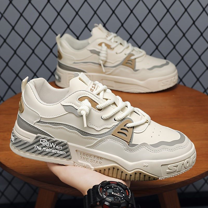 Erkaklar uchun vintage uslubidagi tasodifiy sport krossovkalari, dumaloq barmoq, bog'ichli dizayn, mato astar va barcha mavsumlarda skeytbord uchun PVC taglik.