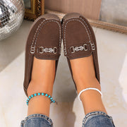 Women's Slip-On Loafers Leather Casual Flats with Metallic Buckle Black Brown Beige