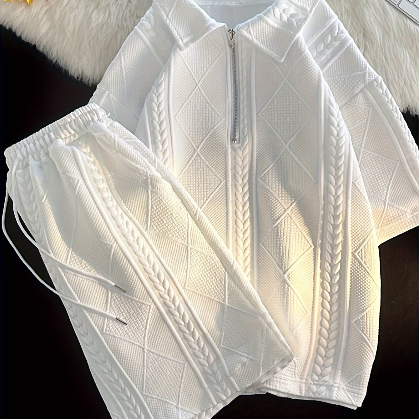 Men's Short Sleeve Jacquard Summer Suit Two-Piece Zipper Closure Casual