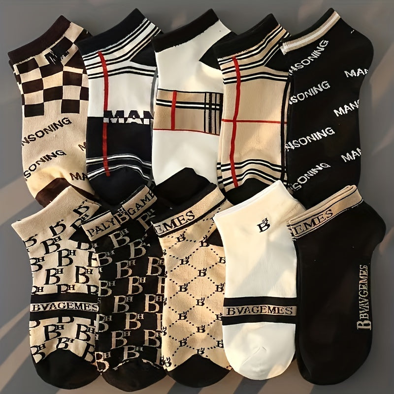 Men's Ankle Socks 10 Pairs Letter Pattern Breathable Polyester Blend Low-Cut