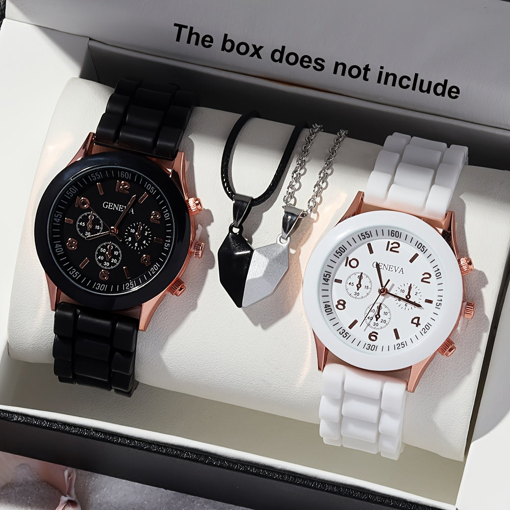 4-Piece Couple Quartz Watch Set with Colorful Love Magnetic Necklace Soft Strap Gift for Valentine's