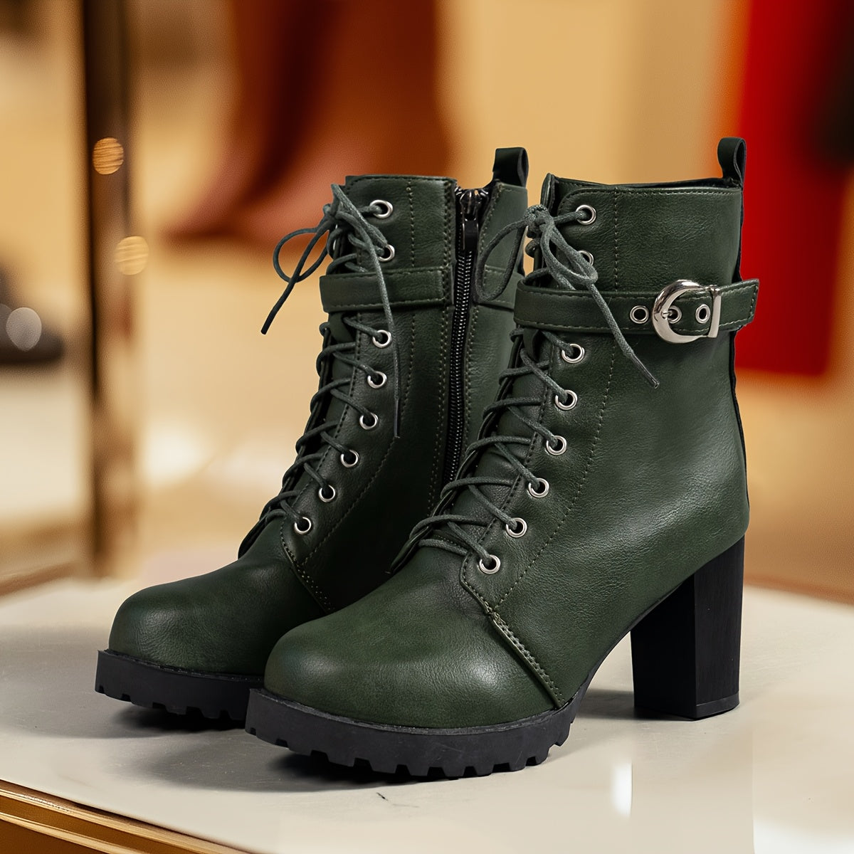 Женские ботинки на платформе с средним каблуком, однотонные, круглым носком, на шнуровке
