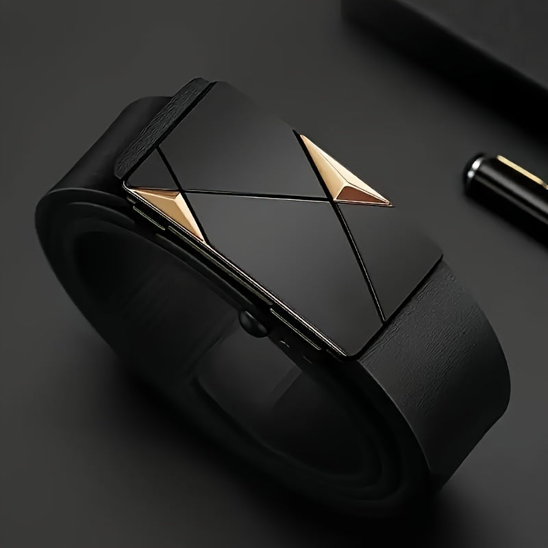 Men's Black Casual Leather Belt with Automatic Buckle for Jeans and Business Attire