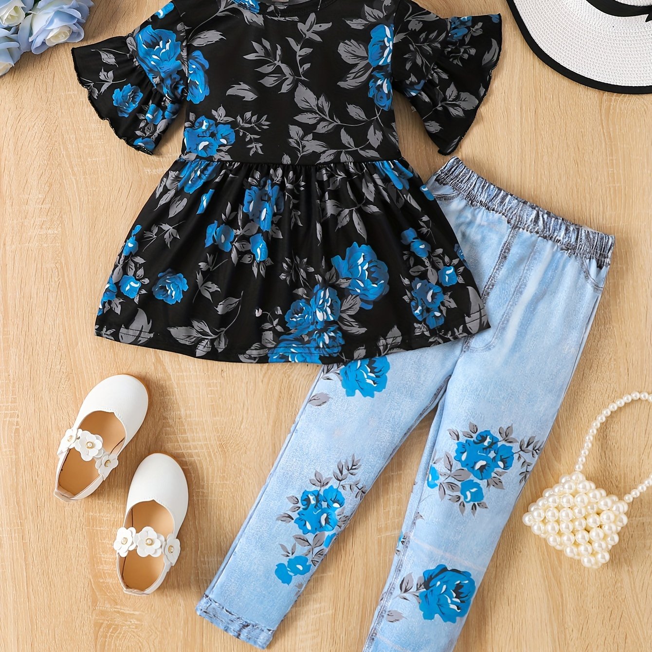 Девочки топ с пеплумом с цветочным принтом и леггинсы с расклешенными рукавами для лета