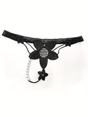 Women's Lingerie Thong with Flower Embroidery and Pearl Details