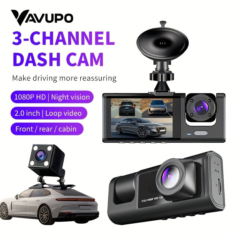 3-Channel Dash Cam with IR Night Vision 1080P HD Front Rear Loop Playback Wide Angle Display