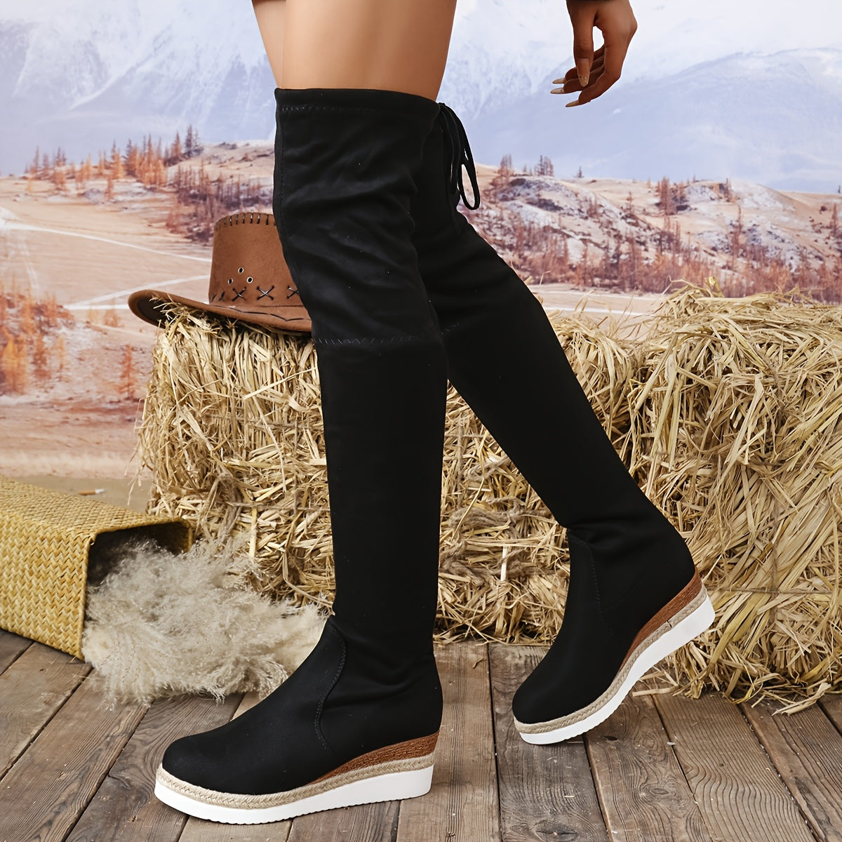 Women's Beige Over-the-Knee Boots With Thick Sole and Elastic Fit