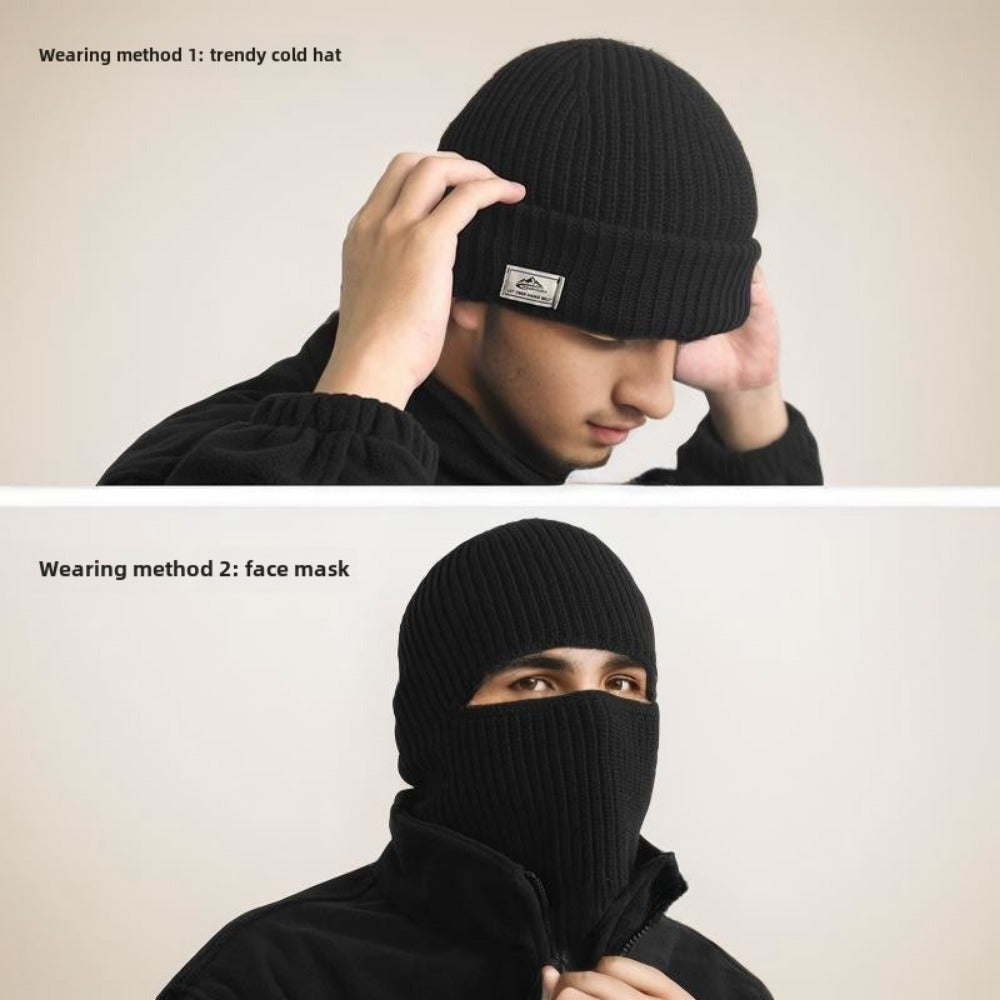 Winter Knit Beanie with Face Mask Windproof Fleece for Outdoor Activities
