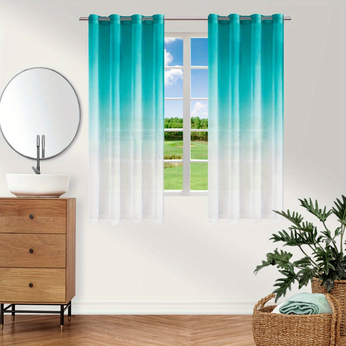 Bohemian Ombre Sheer Curtain Blue to White UV Protective Polyester for Bedroom Living Room