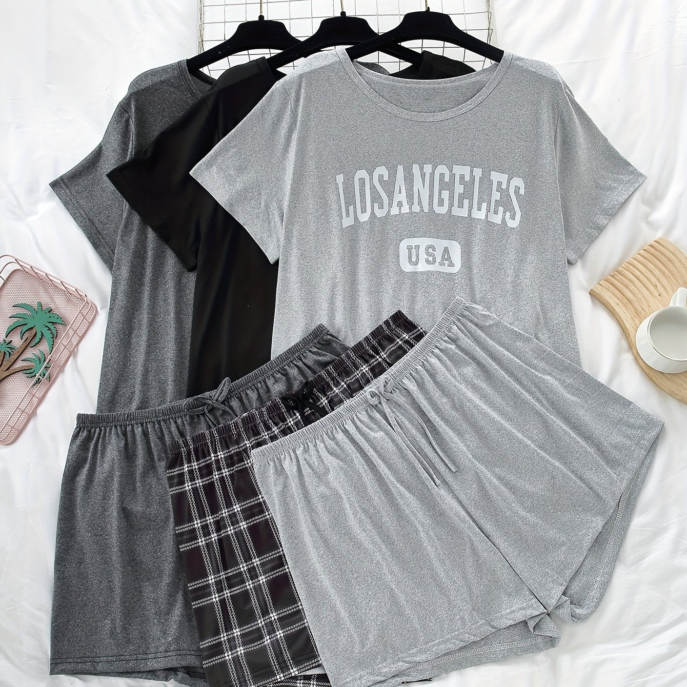 Women's Plus Size Casual Pajama Sets Short Sleeve Top and Shorts 6-Piece Letter Plaid Print