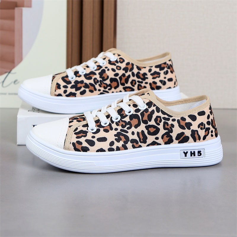 Women's Leopard Print Canvas Shoes Low-Top Flat Sneakers Casual Outdoor Athletic
