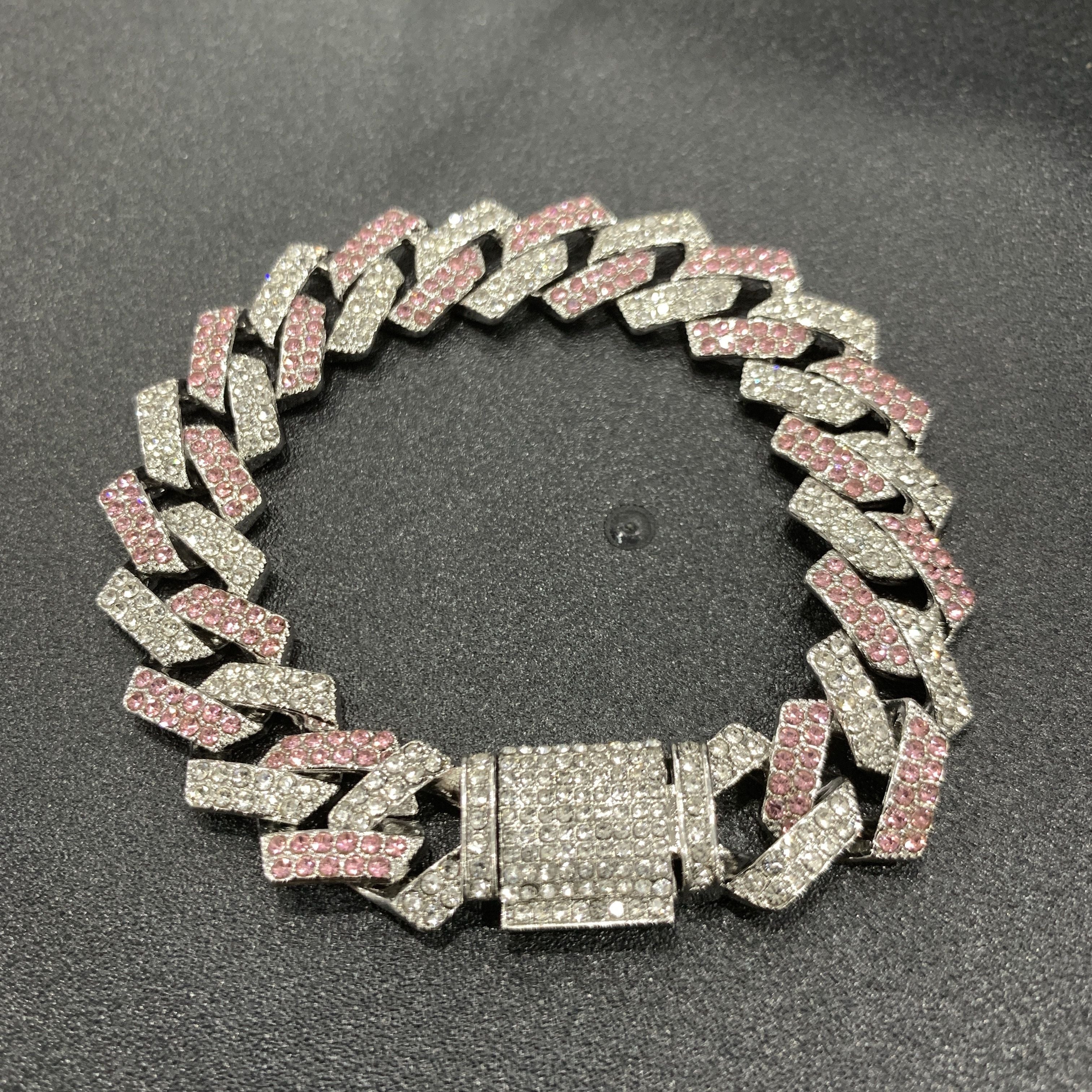 Men's Silver Pink Blue Cuban Link Chain Iced Out Lab Faux Diamonds Miami Necklace Choker