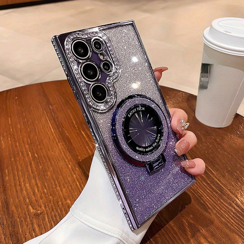 Magnetic Rhinestone Glitter Case for Samsung Plus TPU Plating with Holder and Wireless Charging