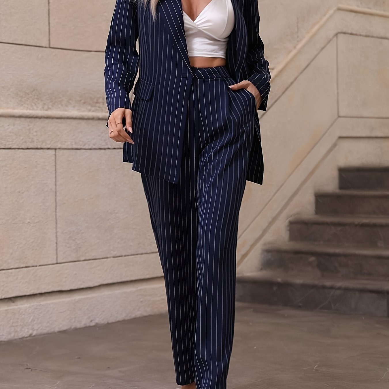 Women's Polyester Pinstripe Suit Set with Long Sleeve Blazer and Trousers for Spring Fall
